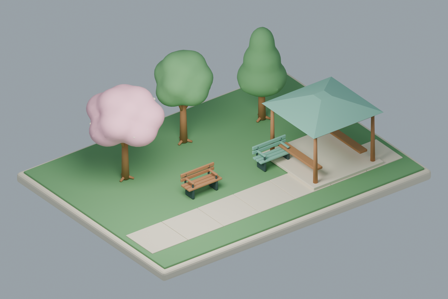 開発中の樹木・桜・常緑樹・ベンチ・東屋を上空から確認するBlenderレンダー