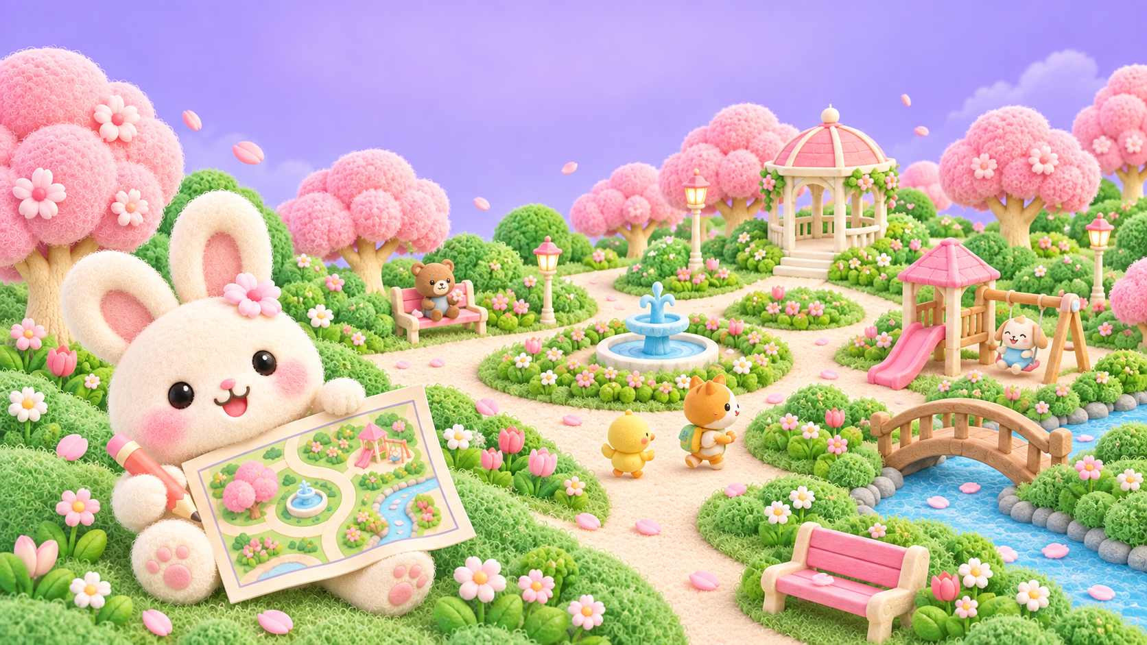 配置図を持った白いうさぎと、花や遊具のある公園
